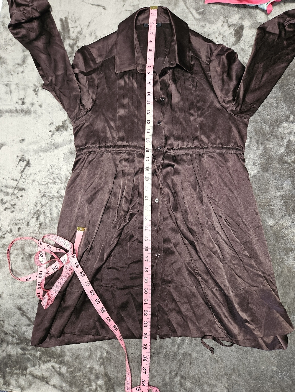DREW 100% Silk Chocolate Brown Pintuck Pleated Tie-Waist Shirt Dress Parisian Md - Picture 6 of 8
